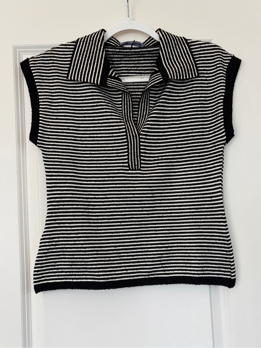 Mango Black & White Striped Cap Sleeve Polo Sweater